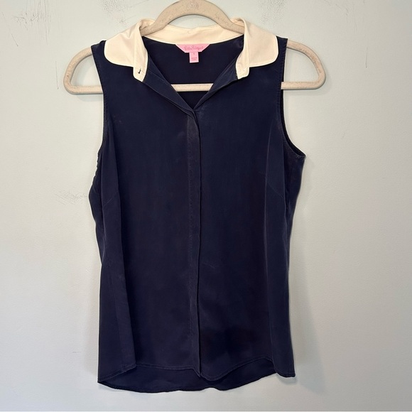 Lilly Pulitzer Andria Navy Blue 110% Silk Button Up Sleeveless Blouse Size Small - Picture 2 of 11
